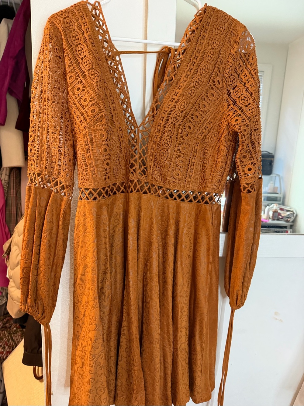 Lace-Detail Long Sleeve Dress in Burnt Orange